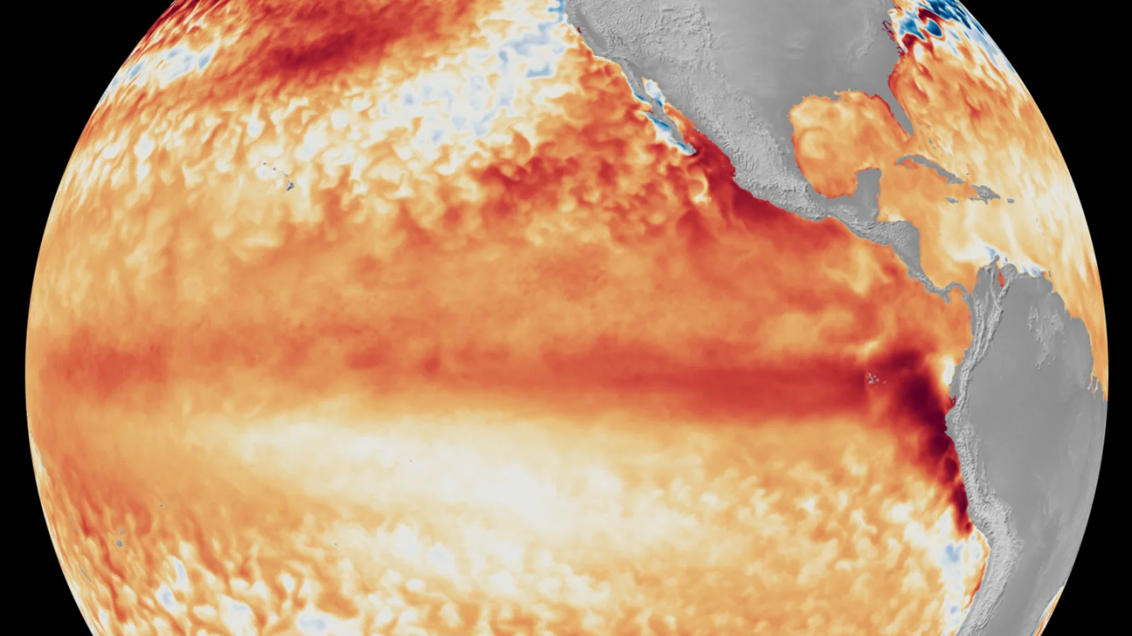 NOAA satellite visualization of unusually warm sea surface temperatures across the tropical Pacific in June 2026